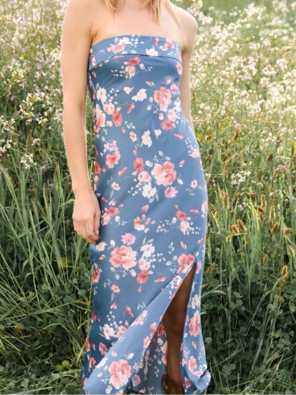Altar'd State Strapless Silky Blue Maxi Dress with Pink Floral Print